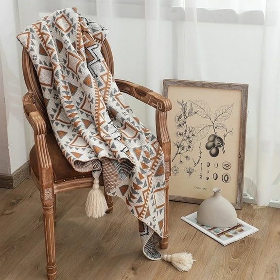 Boho Throw Blankets Knitted Brown Tassel Throw Blanket Soft Tassel Knitted Vintage Autumn Winter Decor Blanket