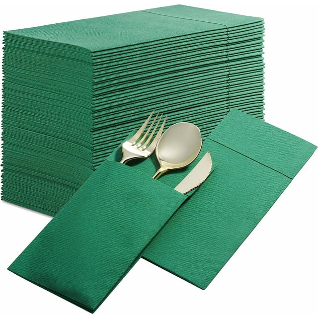 Xiao Hua 50 servilletas desechables con bolsa para cubiertos incorporada, predobladas, adecuadas para decoración de mesas de restaurantes, bodas y fiestas, color verde oscuro