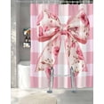 thumbnail image 3 of Split Shower Curtain for Transfer Bench, Pink Floral Print Fabric Shower Curtains for Bathroom, Checkered Bow Rose Flower Gingham Tub Sliding Transfer Bench Waterproof Bath Curtains 72"x84", 3 of 9