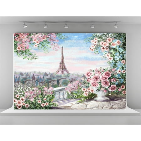 GreenDecor Polyster Watercolor Photography Backdrops Pink Flowers Backgrounds Paris Eiffel Tower Backdrop Booth (Best Photographer In Paris)