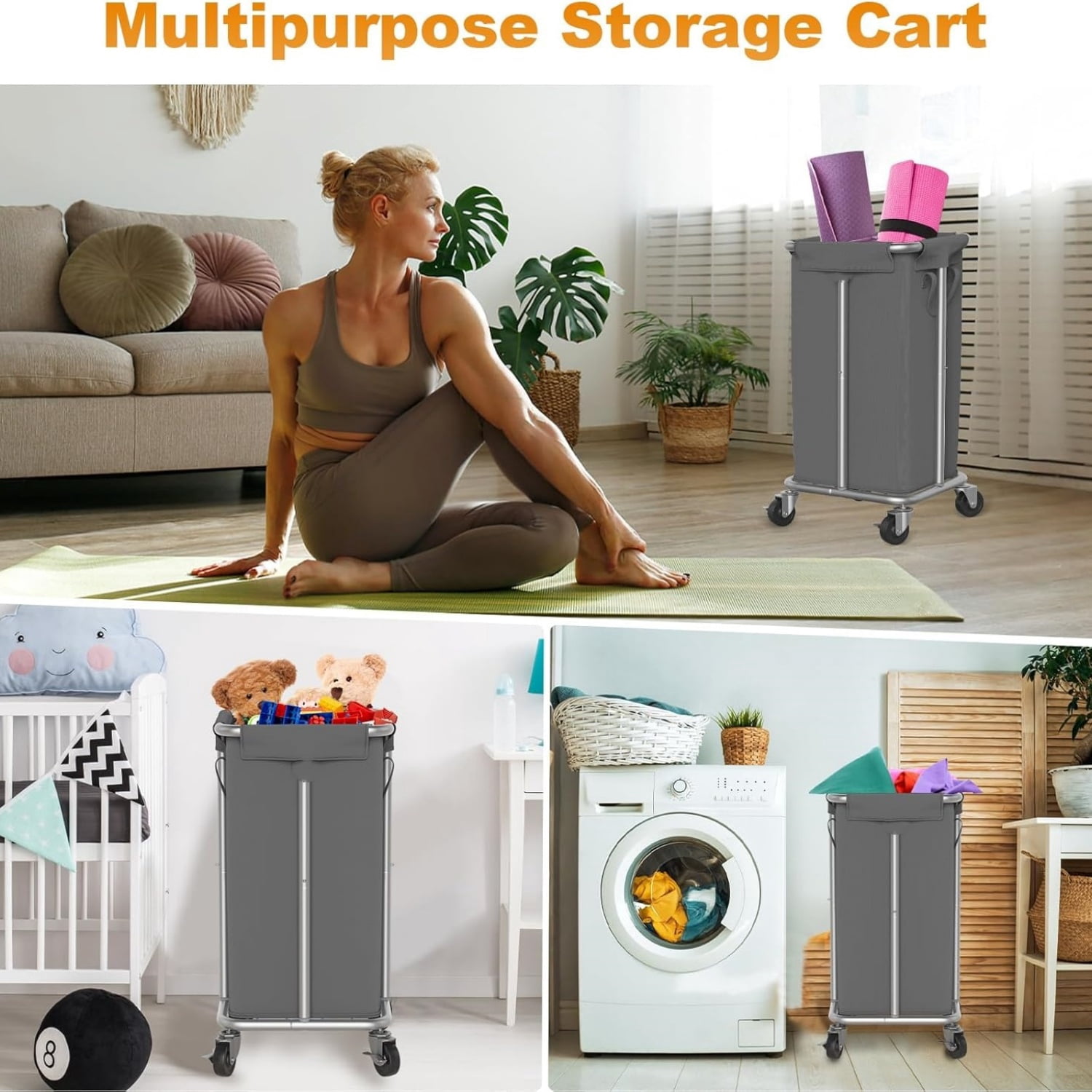 115L Laundry Basket with Wheels, 30 Gal. Rolling Laundry Hamper, Removable and Machine Washable Liner, Steel Frame, Tall Laundry Cart for Laundry Room, Bedroom, Bathroom, Dorm Storage -Gray