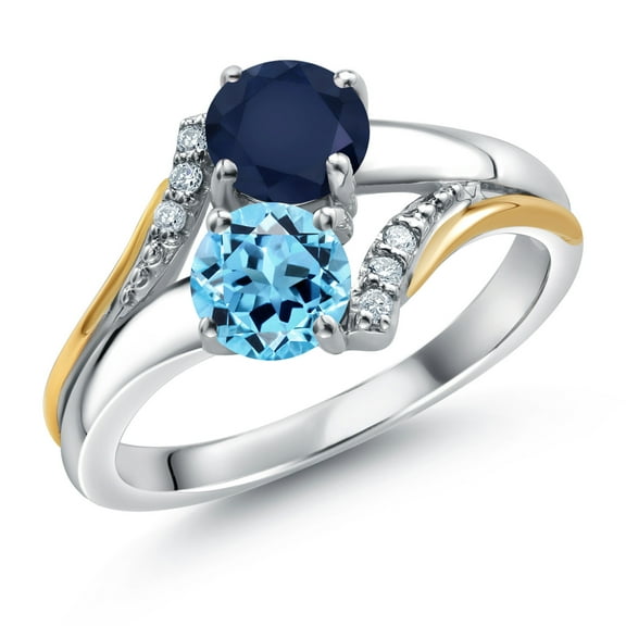 10K Yellow Gold and 925 Silver Swiss Blue Topaz and Blue Sapphire and White Lab Grown Diamond Accent Engagement Ring for Women (1.28 Cttw, Gemstone November Birthstone, Round 5MM, Size 9)