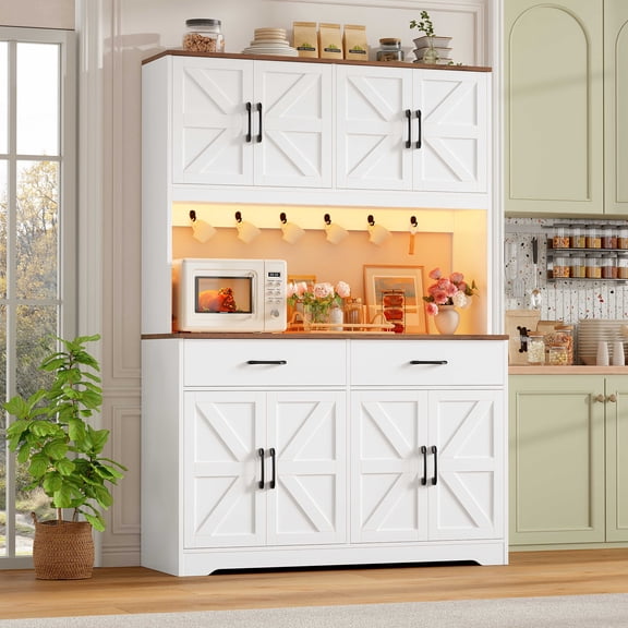 Hiphuta 71" Tall Kitchen Pantry Storage Cabinet with RGB LED and 6 Metal Hooks, Farmhouse Coffee Bar Cabinet with Charging Station, Buffet with Hutch and Microwave Stand, White