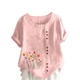 thumbnail image 1 of Staron Hauts d'Été pour Femmes 2025 Liquidation Grande Taille Tunique Habillée Hauts Amples Coton Lin Col Rond T-Shirts Décontractés Tendance Manches Courtes Roulées Hauts d'Été Floraux, 1 of 4