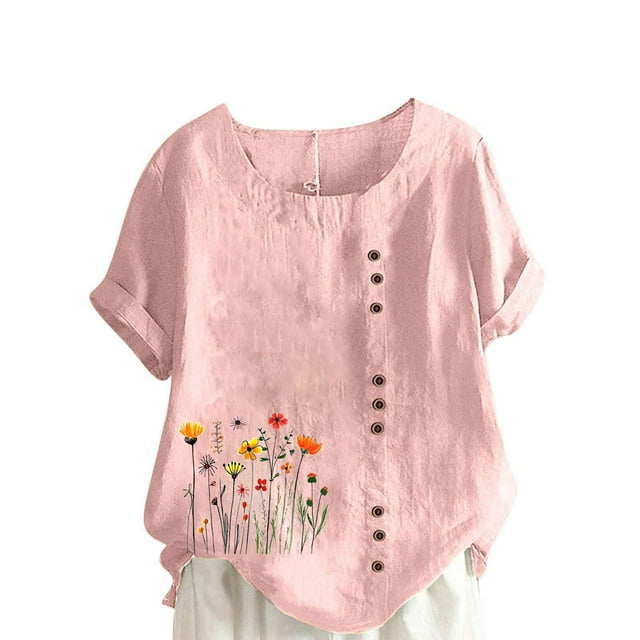Staron Hauts d'Été pour Femmes 2025 Liquidation Grande Taille Tunique Habillée Hauts Amples Coton Lin Col Rond T-Shirts Décontractés Tendance Manches Courtes Roulées Hauts d'Été Floraux