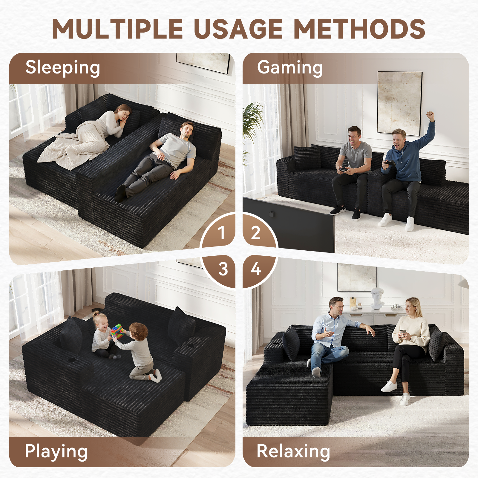 BaPiPro 106" Soft Corduroy Convertible Sectional Sofa, L-Shaped Modular Sectional Couch with Deep Seat for Living Room, Cloud Oversized Upholstered Sleeper Sofa, No Assembly Required, Black