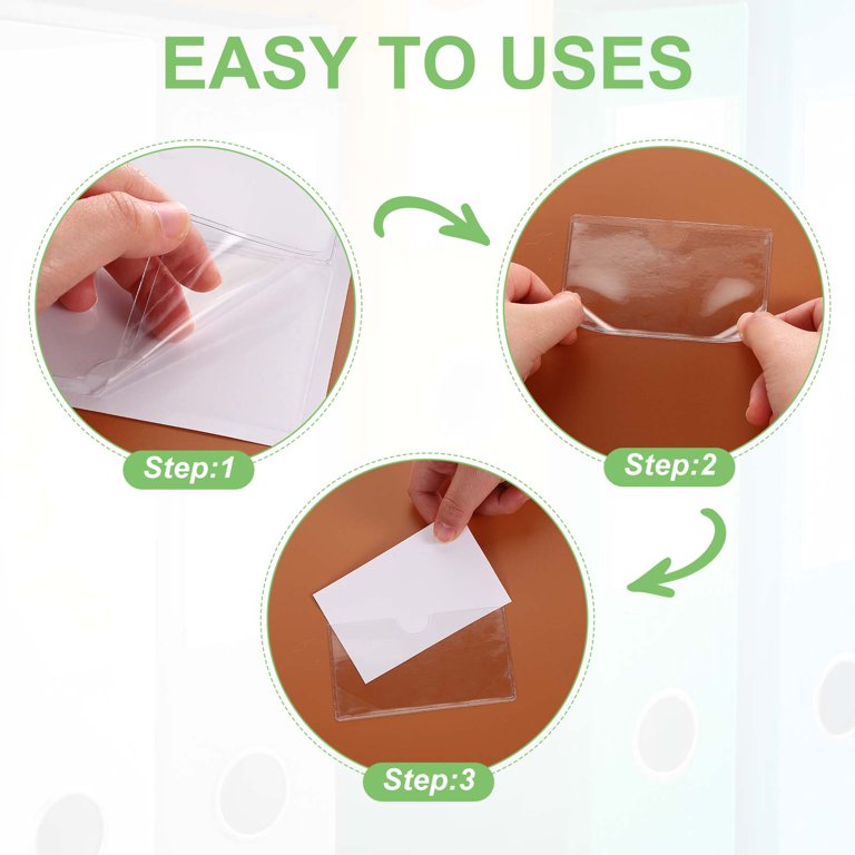 business card adhesive sleeve Uxcell Self Adhesive Index Card Pockets, Plastic Label Holder with Top Open Sticky Pocket Sleeves for Business Cards Note 3 inchx1.3 inch, Size: 3 x