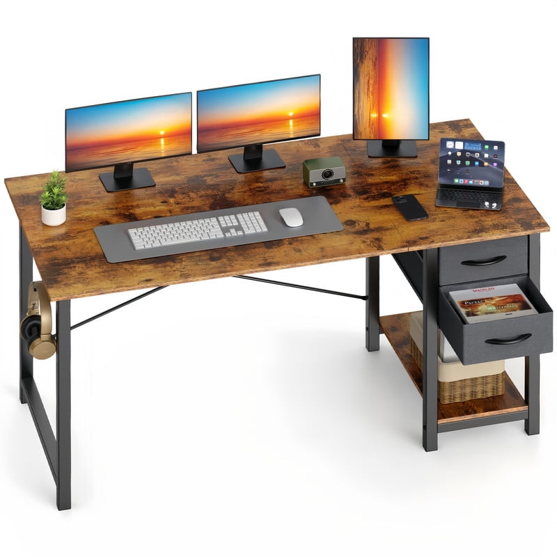 Kelno 47 Inch Computer Desk with 2 Fabric Drawers Home Office Work Table with Side Hook Adjustable Storage Shelf, Rustic Brown