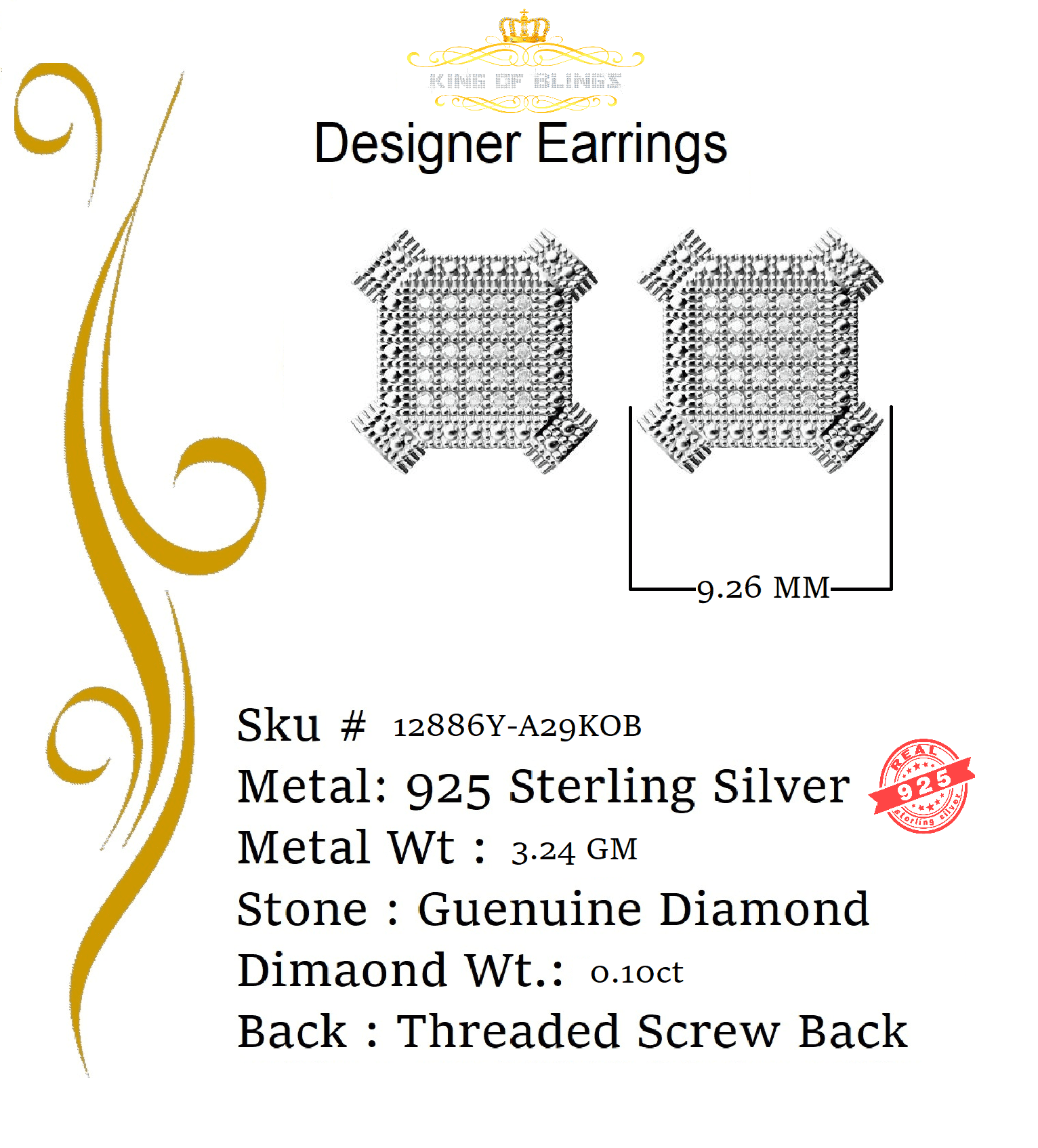 King of Bling's Aretes Para Hombre Silver 0.10ct Diamond For Women's/ Men's Yellow Stud Earrings