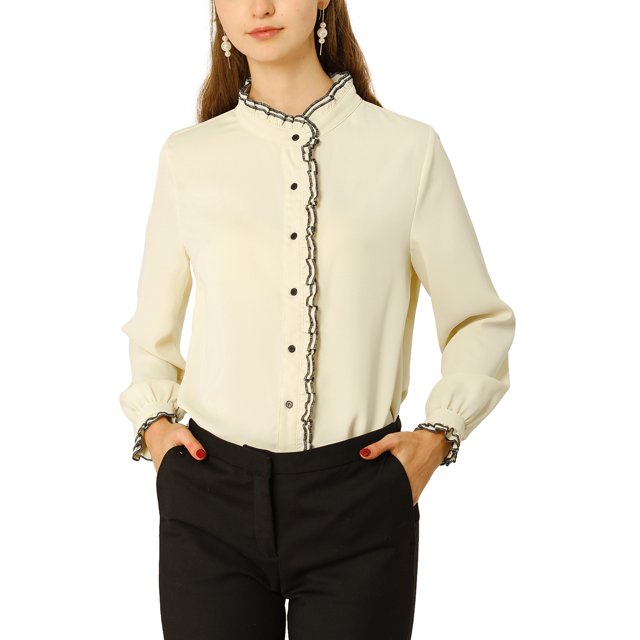 INSPIRE CHIC Women's Button Down Office Ruffle Stand Collar Long Sleeve Work Shirt