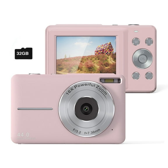 AOLIGEI Digital Camera, FHD 1080P Kids Camera 44MP Point and Shooting Digital Cameras with 32GB Card, 16X Zoom, Compact Small Camera for Kids Boys Girls Digital Camera Pink-1 B