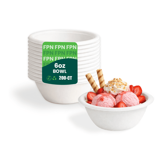 FPN Disposable Paper Bowls 200 Pack 6 oz, Compostable Heavy-Duty – Eco-Friendly, Bagasse Bowl for Soup, Salad, Dessert & More