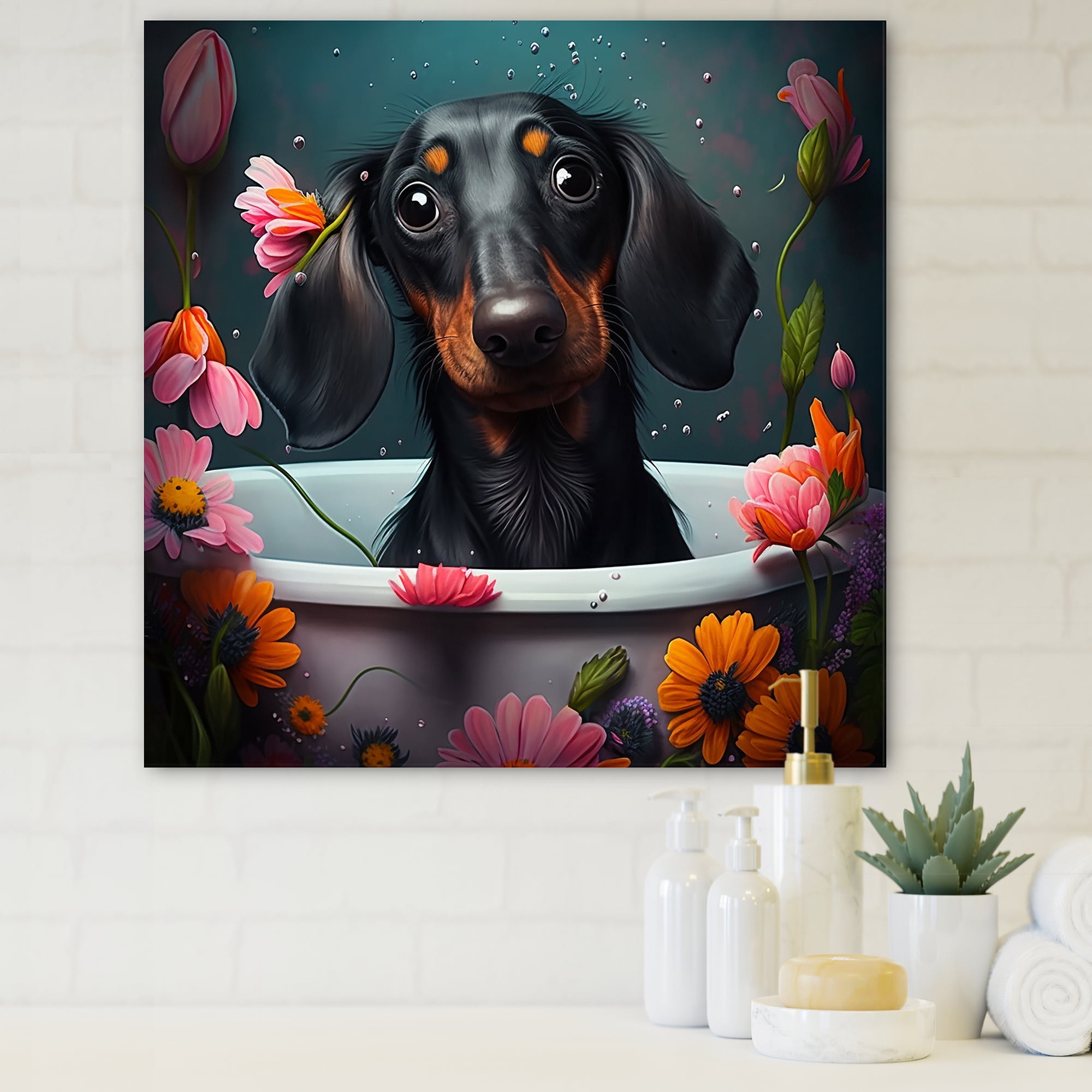 Designart Funny Dog In The Bath With Blooming Flowers I Canvas Wall Art