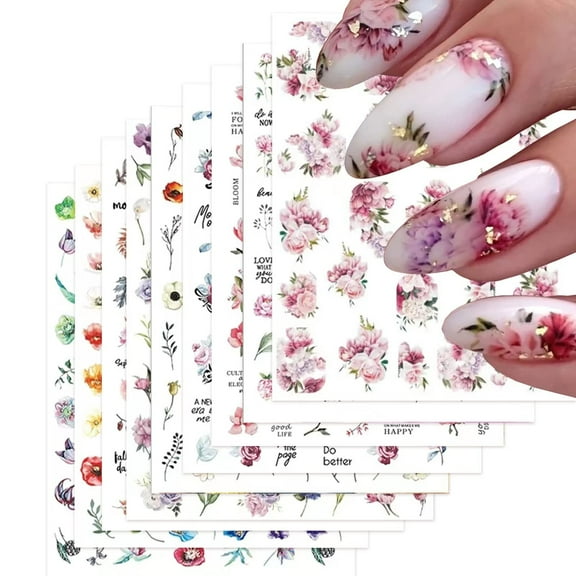 Flower Nail Art Stickers Decals 3D Self-Adhesive Nail Decals Spring Floral Nail Art Supplies Daisy Leave Peony Nail Accessories for Women Nail Decorations Design