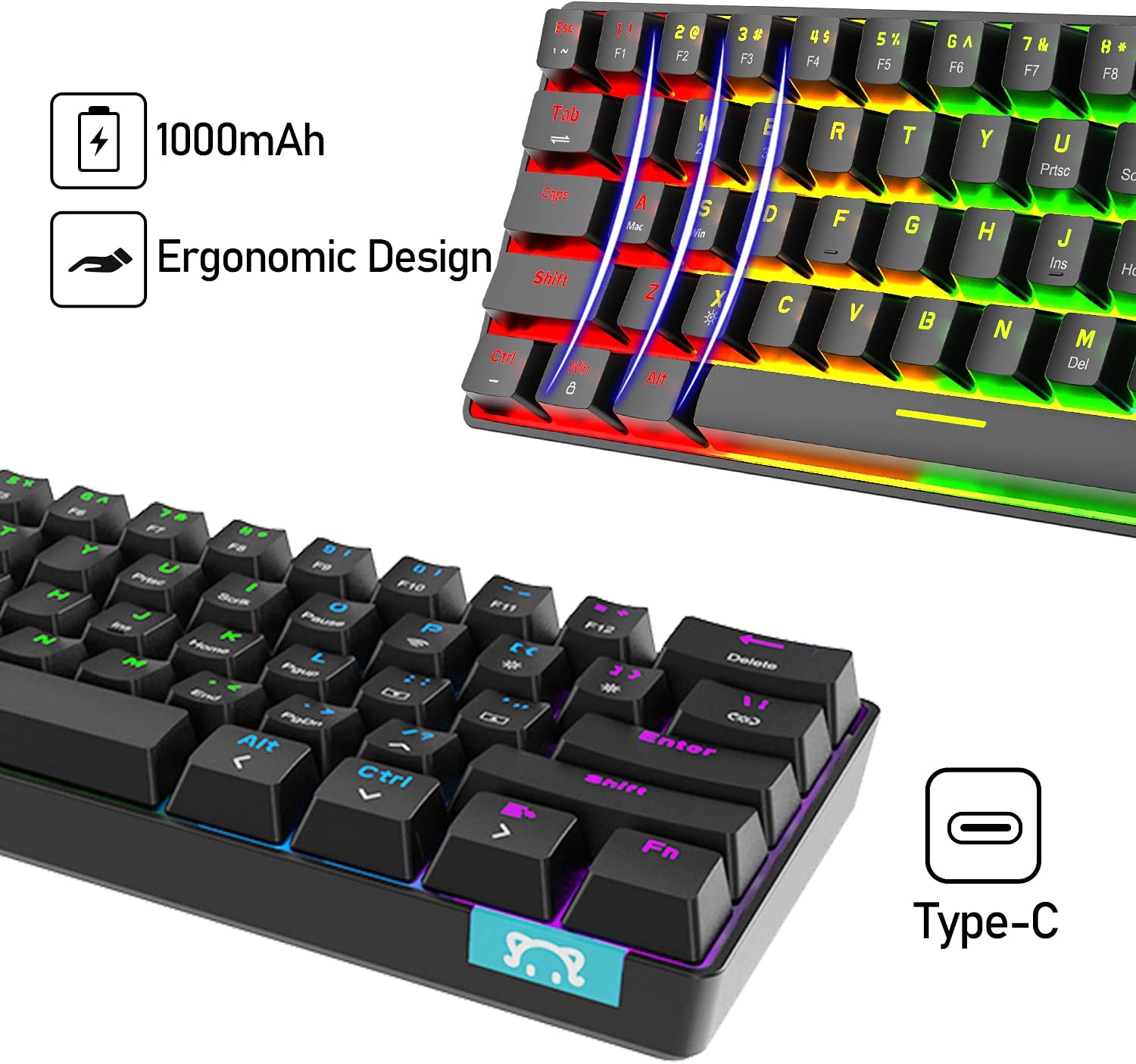 60% Mechanical Keyboard Wired/Wireless Bluetooth 5.0 Dual-mode Keyboard 61  Keys RGB Rainbow LED Backlit USB Type-C Waterproof Gaming Keyboard  Anti-ghosting Keys for Gamers and Typist