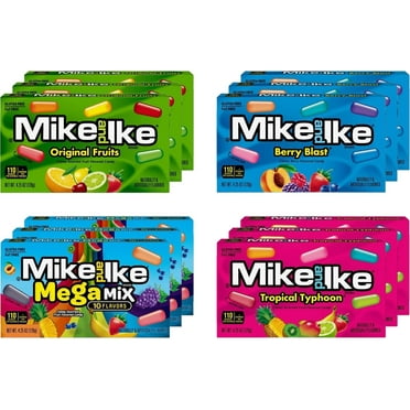 Mike  Ike Chewy Candy, Theater Box Variety Pack, 4 Flavors (Original, Mega, Tropical, Berry), 3 Boxes each Flavor, 12 Boxes Total, 4.25 Ounce each Box