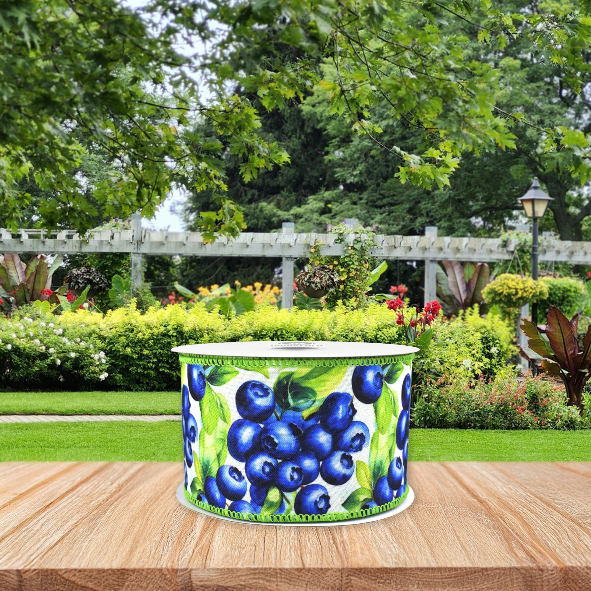 Homeford Spring Jumbo Blueberries Deluxe Wired Ribbon, 2-1/2-inch, Blue/Lime/White, 10-yard