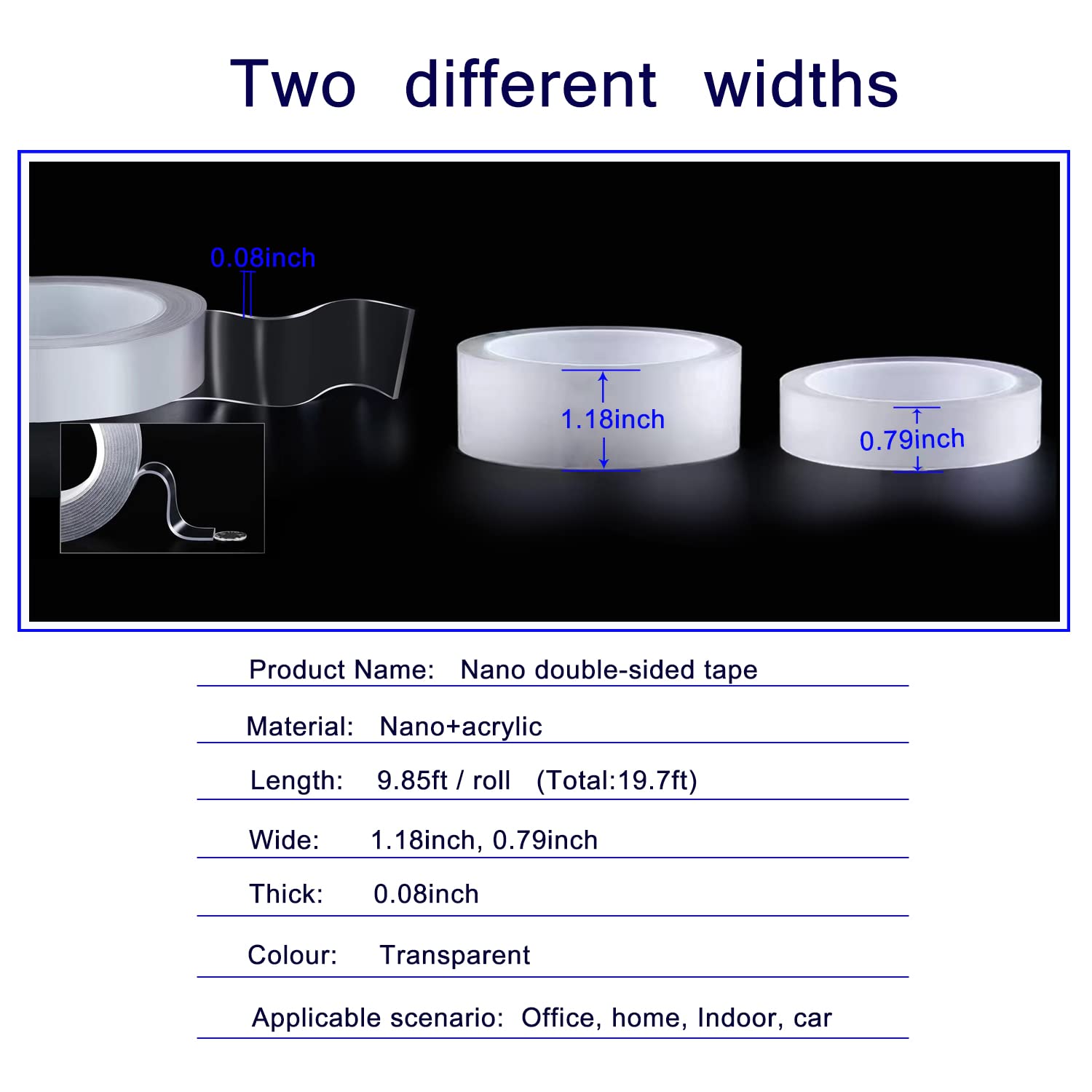 2 Rolls Nano Double Sided Tape Heavy Duty,Extra Strong Sticky Double Sided Mounting Tape, (0.78"+1.2") x 120",Clear Adhesive Poster Wall Tape for Decoration