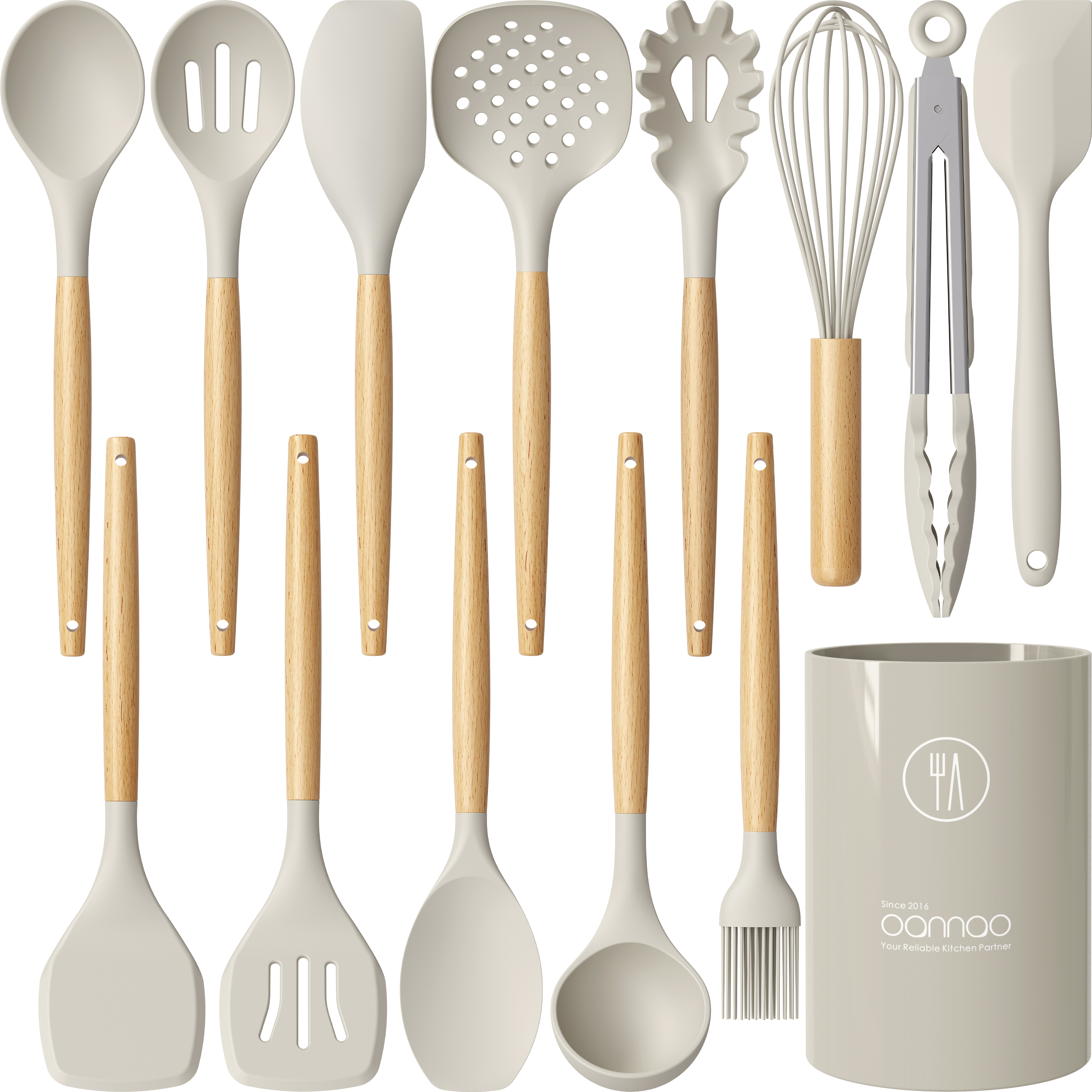 oannao 14-Piece Silicone Cooking Utensils Set With Wooden Handles