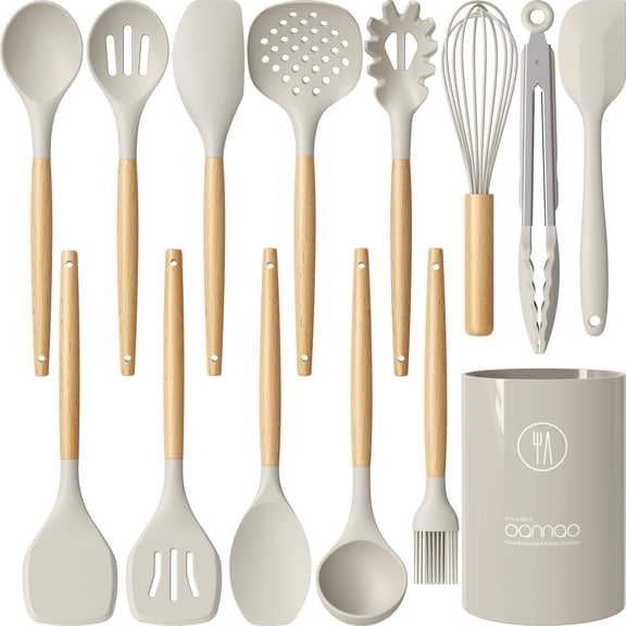 oannao Silicone Cooking Utensils Set - 446°F Heat Resistant Silicone Kitchen Utensils for Cooking,Kitchen Utensil Spatula Set w Wooden Handles,Holder, BPA FREE Gadgets for Non-Stick Cookware (Khaki)