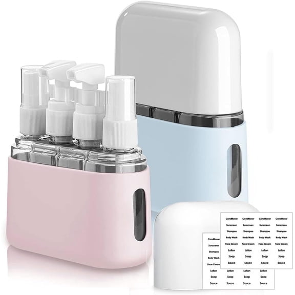 LSFA Travel Bottles for Toiletries, Travel Bottle Set, 4-in-1 Upgraded Design, Press Pump & Spray Bottle for Lotion/Toner | Mini Set Compact & Leakproof Ideal for Travel, Gym & Cruise