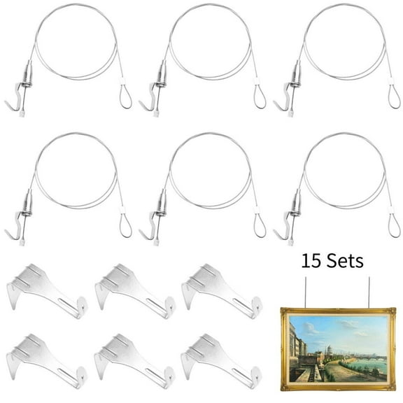 15 Pcs Picture Rail Hanging System, Photo Frame Display Cables 39’’ with Adjustable Hook, 66lb Stainless Steel Picture Rail Hanging Kit, Gallery Hanging Kit for Art Gallery, Wall Picture, Exhibition