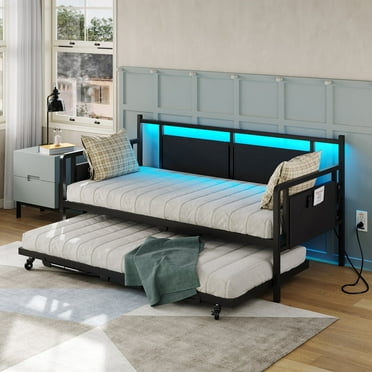 Furnihold Metal Twin Daybed with Charging Station and LED Lights, Daybed with Pop Up Trundle, Guest Sofa Bed Frame with Storage, Black