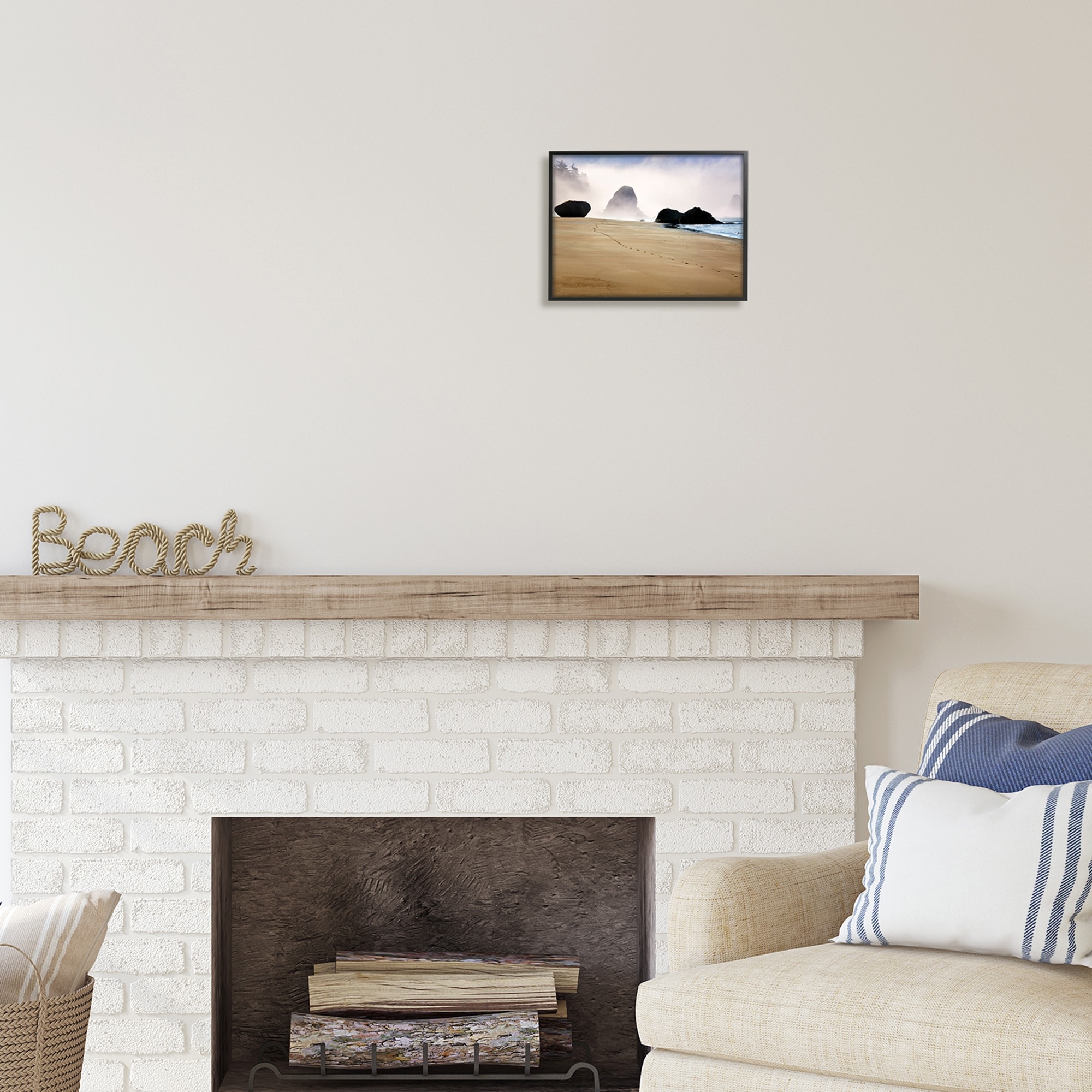 Stupell Industries Beach Sand Footprints Foggy Cliffs Coastal Photography Black Framed Art Print Wall Art