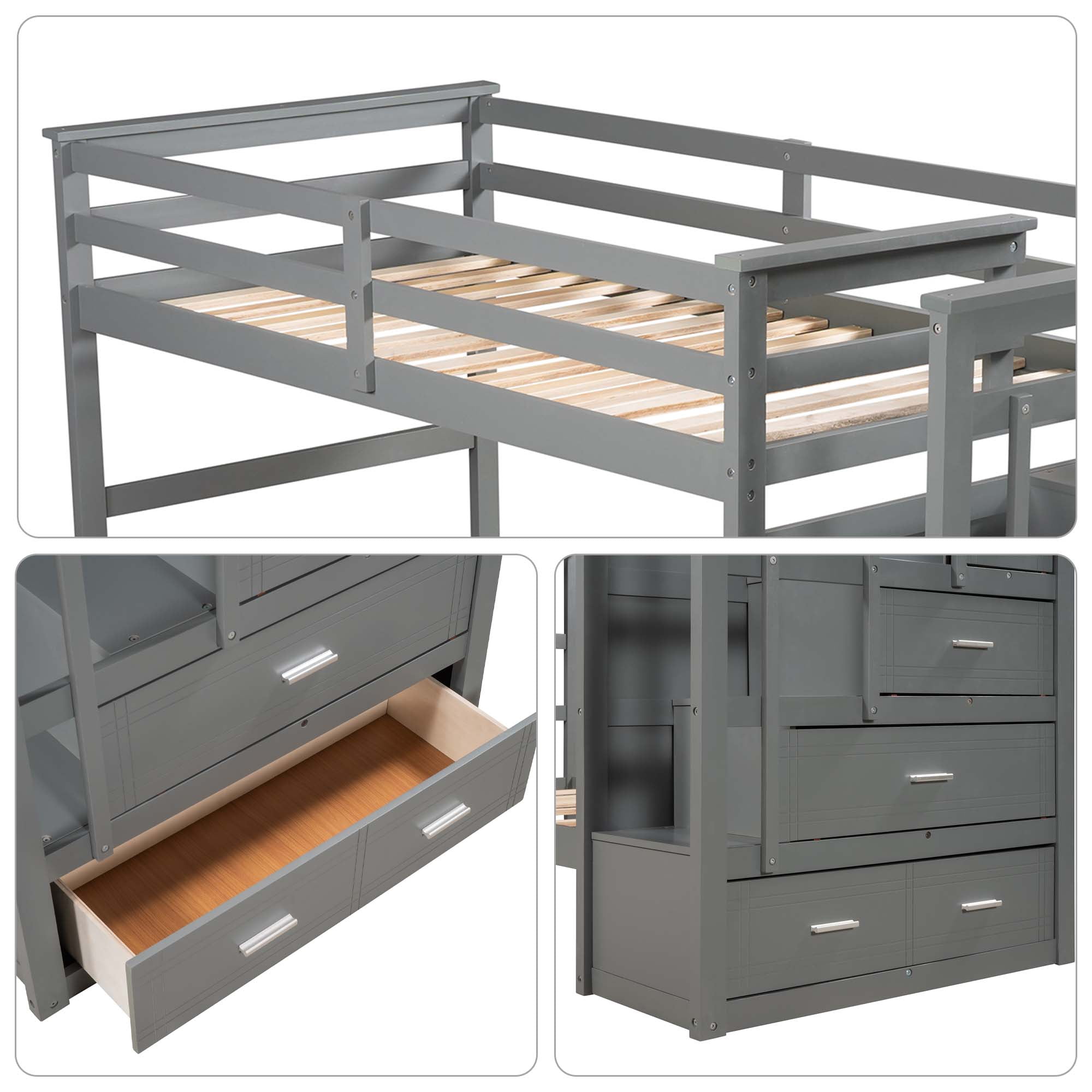 Aukfa Twin over Twin Bunk Bed with Trundle and Staircase, Wood Bunk Bed with 4 Storage Drawers for Kids, Teens - Gray