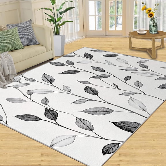 Botanical Rugs for Living Room, Nordic Leaves Rug, Gray Washable Rugs for Bedroom, Low Pile & Non Slip, Indoor Carpet, Area Rug & Home Decor 4 x 6ft