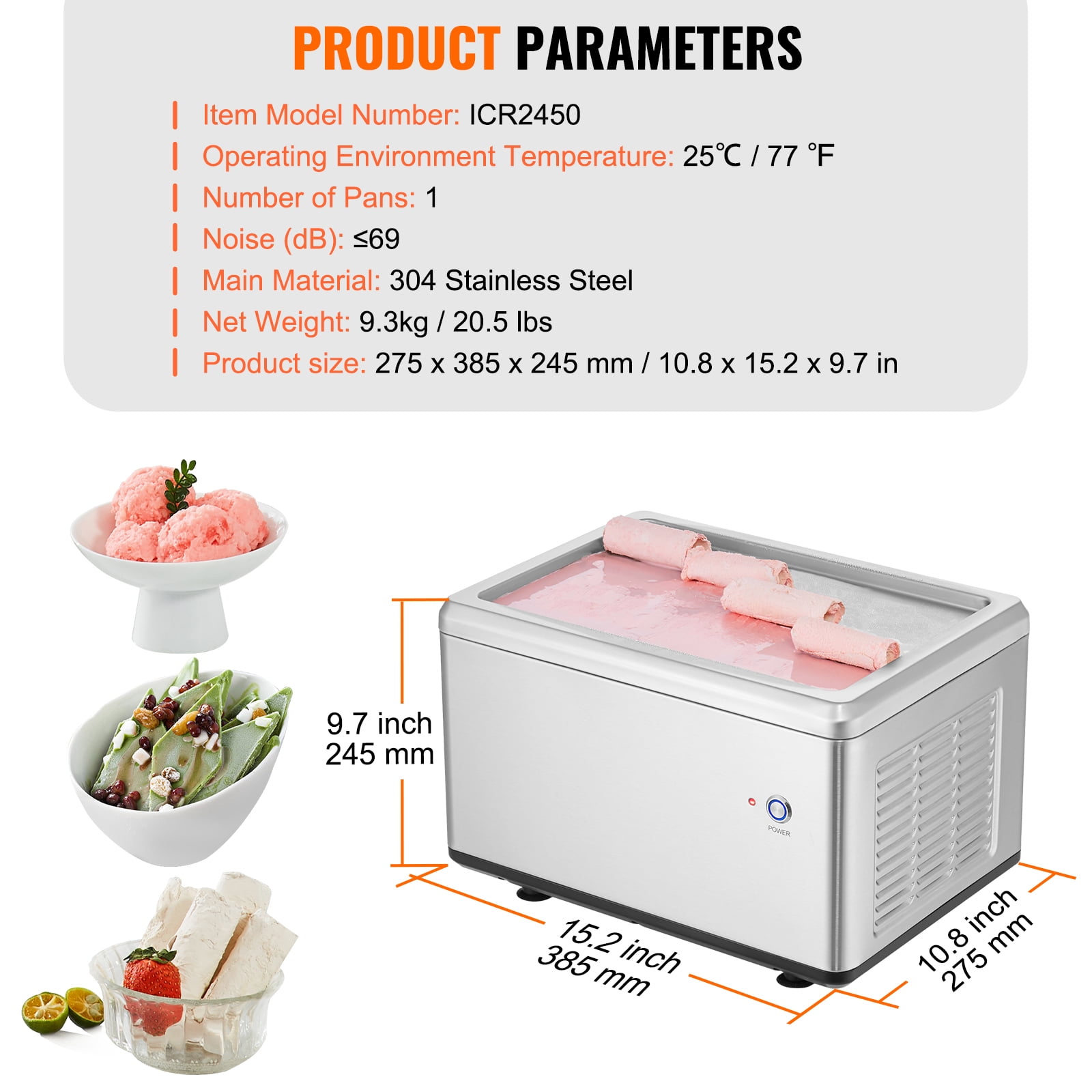 KFFKFF Ice Cream Roll Maker, 12.6" x 8.5" Pan for Stir-Fried Ice Cream, Stainless Steel with Compressor & 2 Scrapers, Ideal for Ice Cream, Frozen Yogurt, Ice Cream Rolls