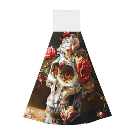 

Gaeub Rose Floral Skull Print Hand Towels with Hook Hanging Tie Towels Coral Velvet Dishtowels for Bathroom Restroom Home Decor