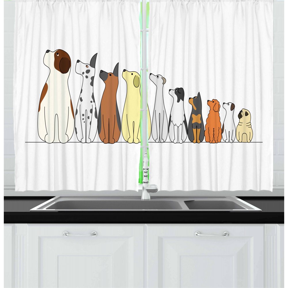 Dogs Curtains 2 Panels Set, Dogs in a Row Looking Away Cute Humor