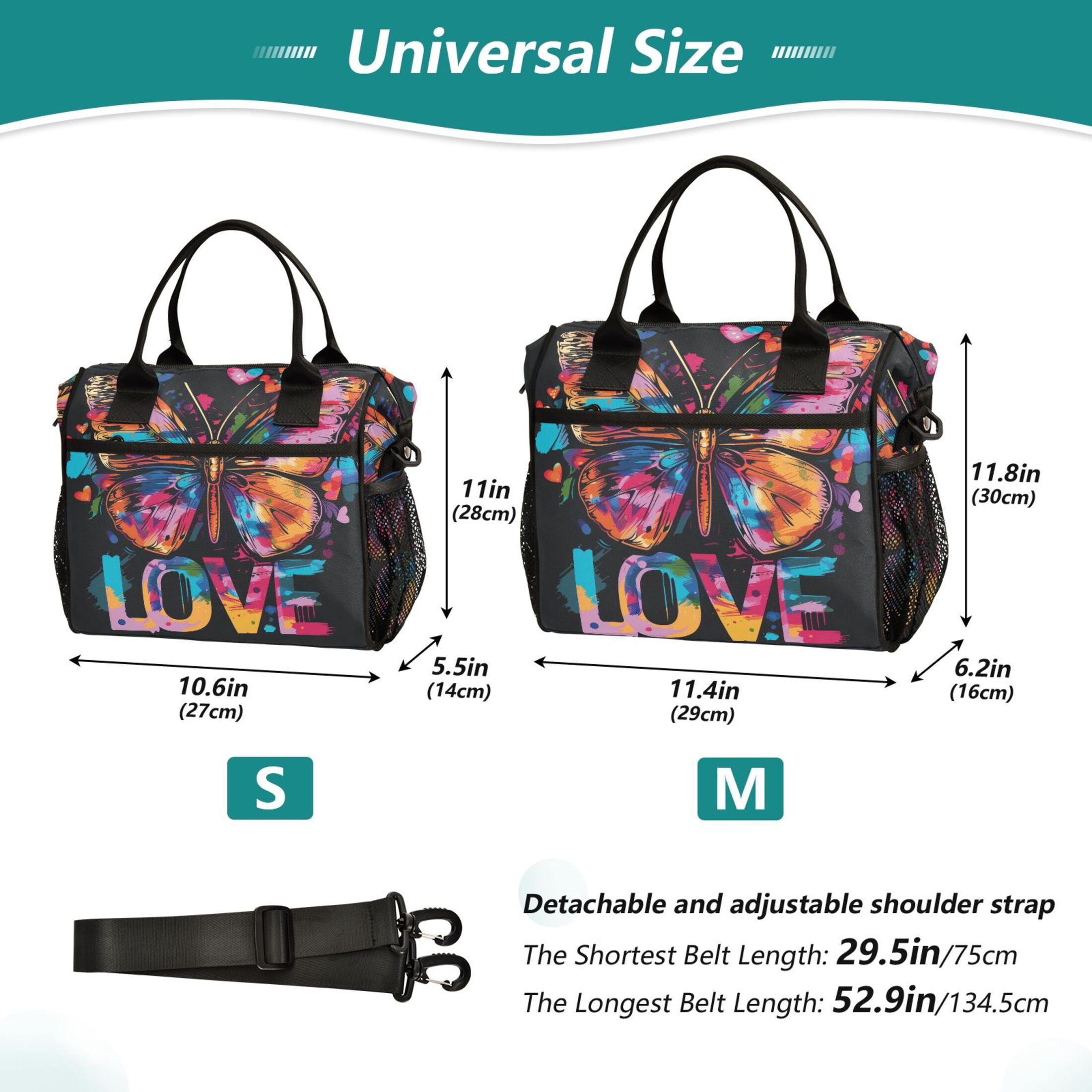 Lunch Bag Insulated Lunch Box Leakproof Reusable Cooler Tote Adjustable Shoulder Strap for Men Women Butterfly and Love 9L