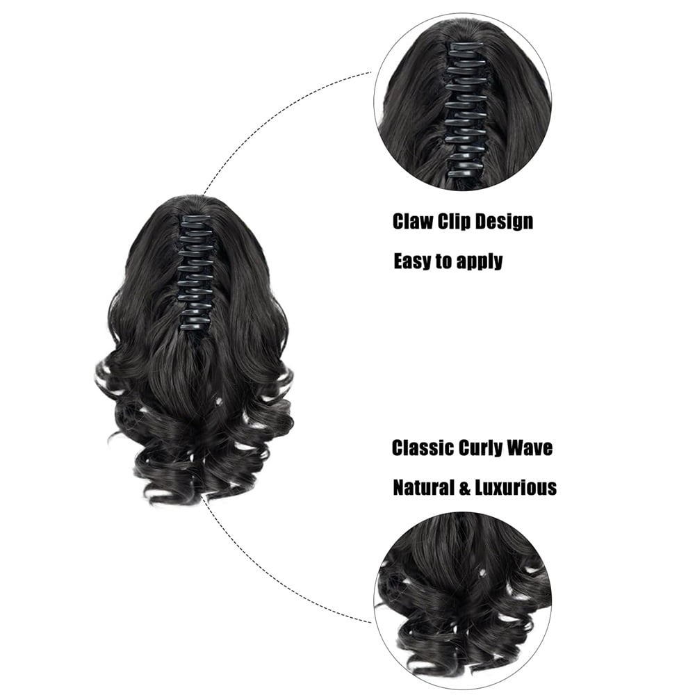 10 Inch Short Claw Clip Pony Tail Loose Wavy Synthetic Faux Hairpiece Clip in Black Hair Extensions