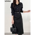 thumbnail image 4 of VONDA-vestido de oficina elegante para mujer, vestido Midi informal de manga larga, Color liso, para verano, 2024, 4 of 5
