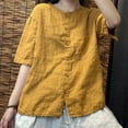 thumbnail image 3 of MIXUE Womens Summer Tops Linen Solid Color Round Neck Short Sleeve Vintage Loose Fit Cardigan T-shirts Daily-Wear,Yellow,XL, 3 of 3