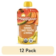 (12 pack) Happy Baby Clearly Crafted, Stage 2 Organic Baby Food, Bananas Sweet Potatoes & Papaya, 4 oz. Pouch