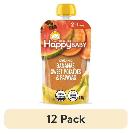 (12 pack) Happy Baby Clearly Crafted, Stage 2 Organic Baby Food, Bananas Sweet Potatoes & Papaya, 4 oz. Pouch