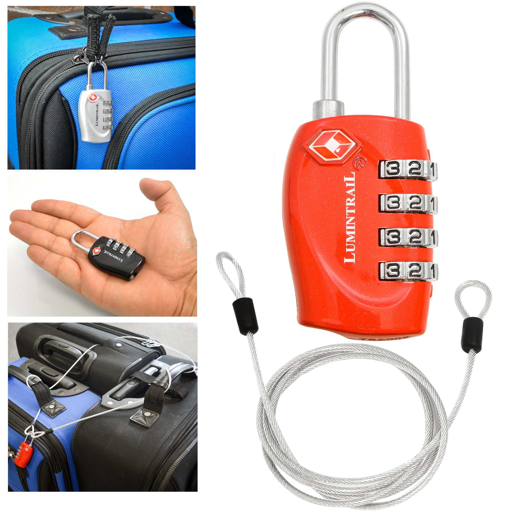 Lumintrail 4 Pack TSA Approved Cable Travel Locks with Personalized Combination 