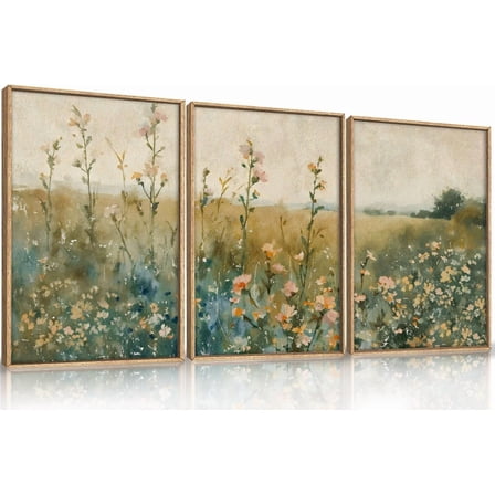 Vintage Watercolor Wildflower Landscape 3 Piece Wall Art Framed, Large Retro Floral Wall Decor(16x24), Nature Wilderness Farmhouse Rustic Field Canvas Painting for Living Room, Bedroom, Office