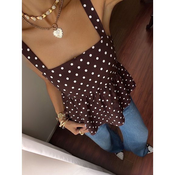 Women Polka Dot Sleeveless Tank Top Square Neck Back Tie A Line Peplum Casual Summer Blouse Coffee Brown S