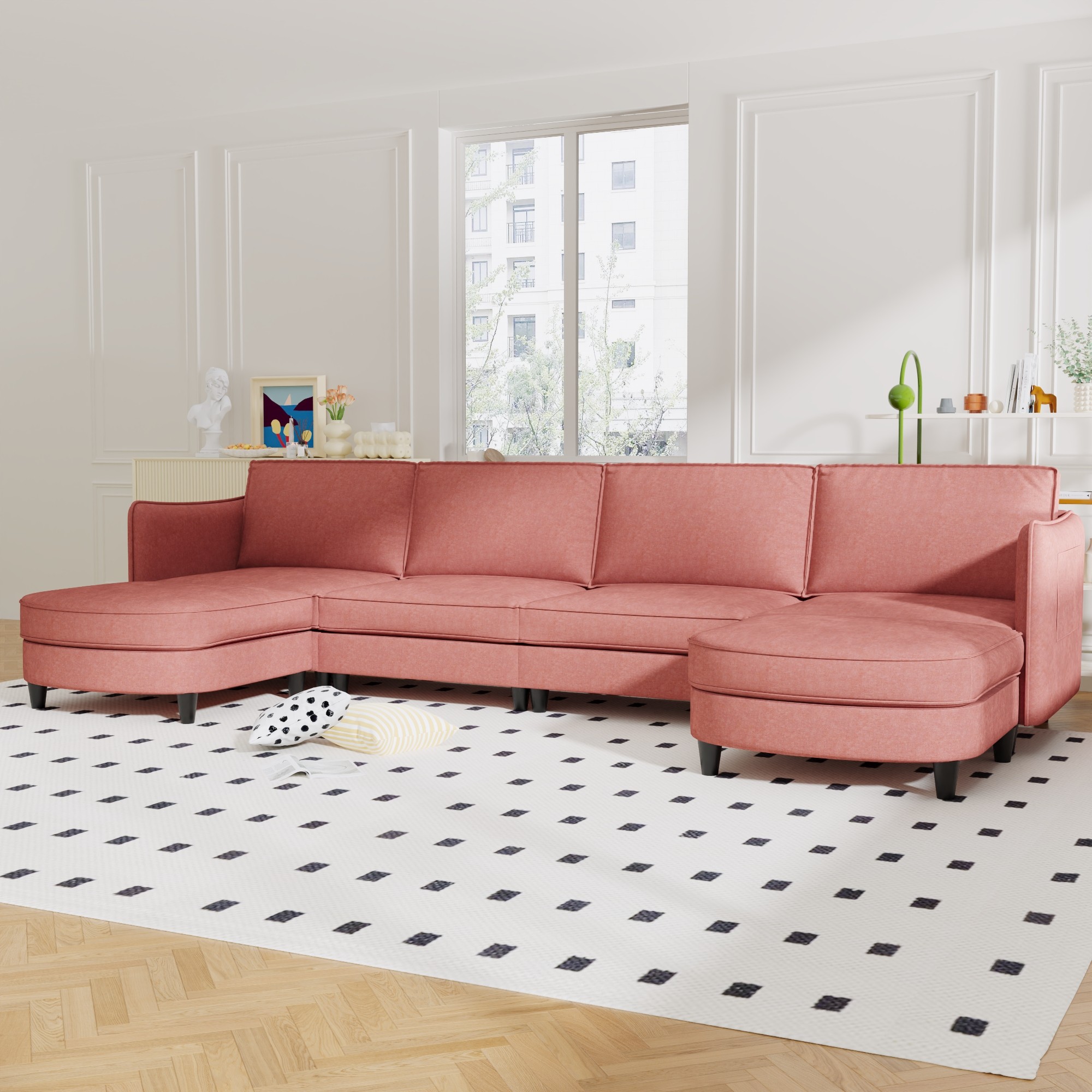 141" U-Shaped Sectional Sofa Couch,Modern Fabric 6 Seater Sofa Couch with Movable Ottoman&Pockets for Living Room, Apartment,Red