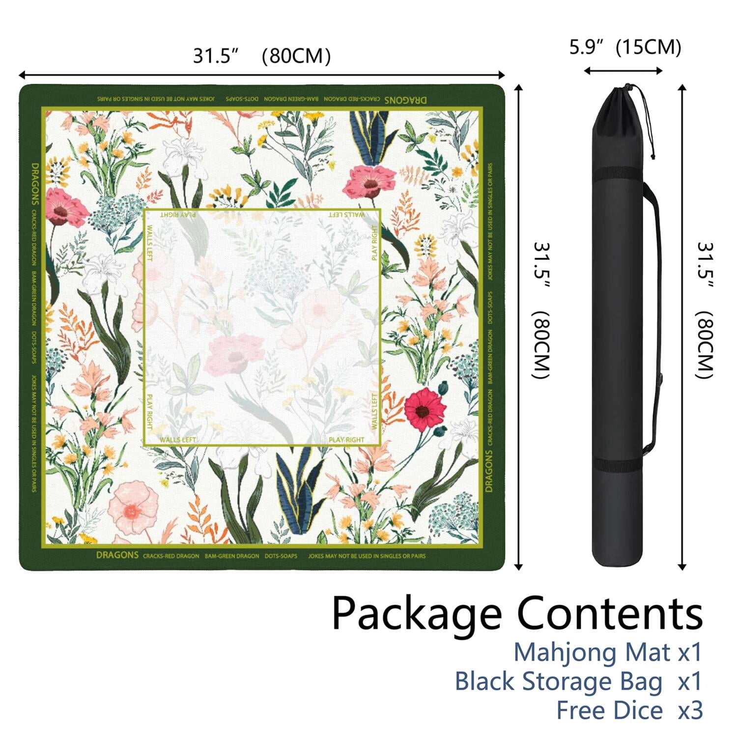 Floral Mahjong Mat with Rules, 31.5*31.5in Anti Slip American Mahjong Mat for Table, Noise Reduction, Neoprene Mah jongg Mats with Carrying Bag & 3 Dices, Mahjong Set Gift, Board Tile Games Mats
