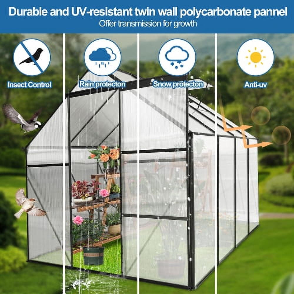 Geemuslly6x8 FTHeavy Duty Polycarbonate Greenhouse - Walk-in Aluminum Frame Greenhouse with Sliding Doors, Roof Vent & Raised Base - All Season Outdoor Garden Greenhouse for Backyard, Patio