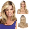 thumbnail image 1 of Kalyss señoras Rubio degradado raíces marrones oscuro largo rizado ondulado resistente al calor Peluca de pelo sintético para mujeres peluca rubia con flequillo, 1 of 5