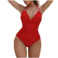 thumbnail image 2 of Traje de baño de una pieza para mujer, conjunto de bikini para mujer, traje de baño de poliéster de color liso con cuello colgante, espalda descubierta y tirantes finos., 2 of 3