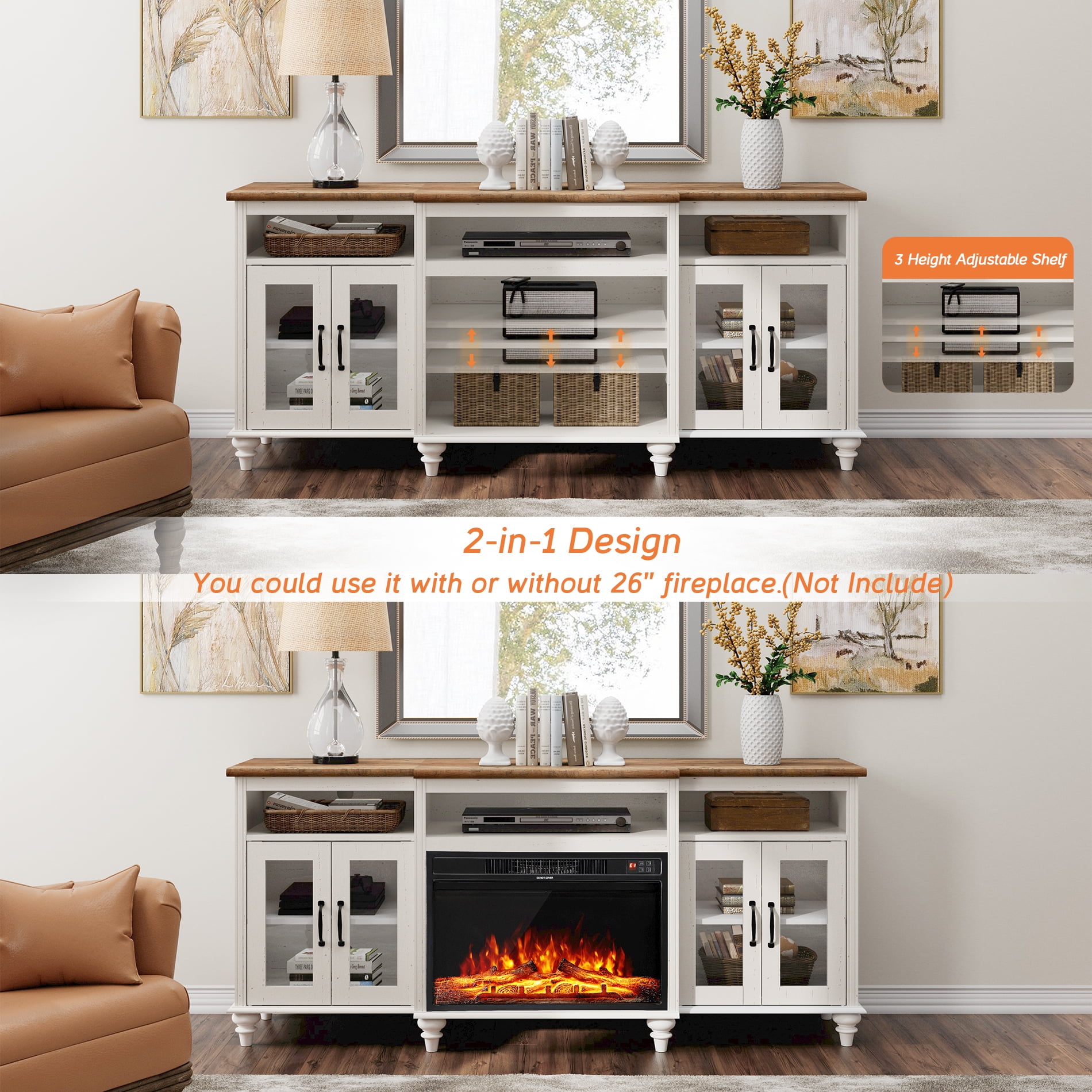 Antique White Farmhouse TV Stand with 4 Glass Doors for TVs up to 75", Highboy Entertainment Center with 9 Storage Compartments, 70" Wooden TV Console for Living Room or Bedroom