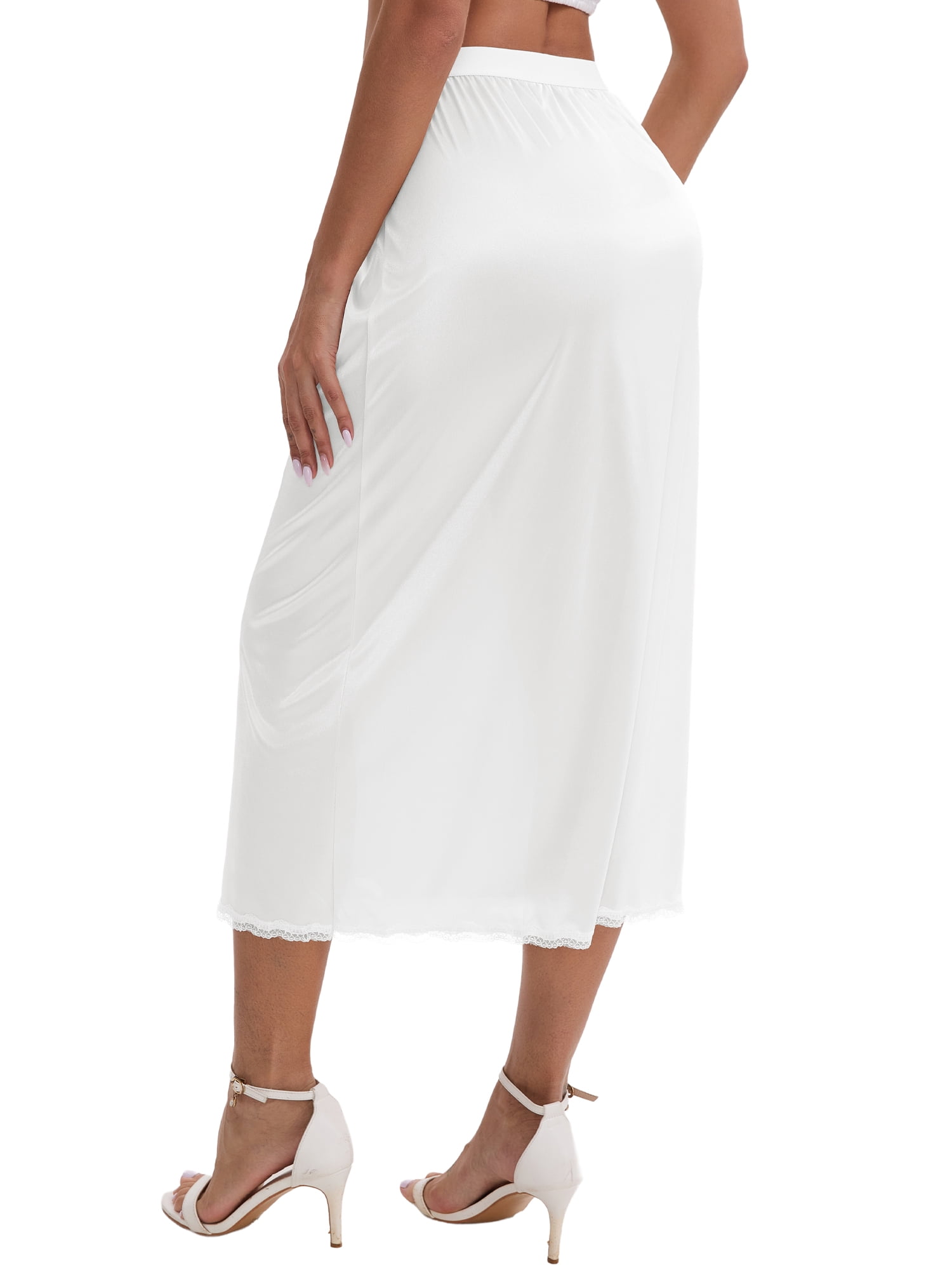 DARING DIVA Women's Satin Lace Trim Flared Hem Lightweight Maxi Half Slip XL White