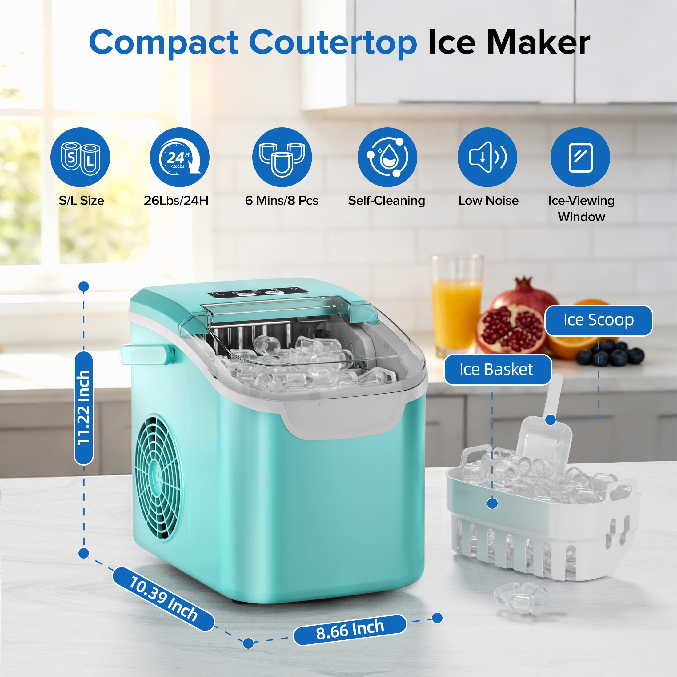 Auseo Countertop Ice Maker, 2 Sizes of Bullet Ice, 26Lbs/24H, 8 Ice Cubes in 6 Mins, Portable Ice Machine with Self-Cleaning for Home/Party/Travel/Camping (Light Green)